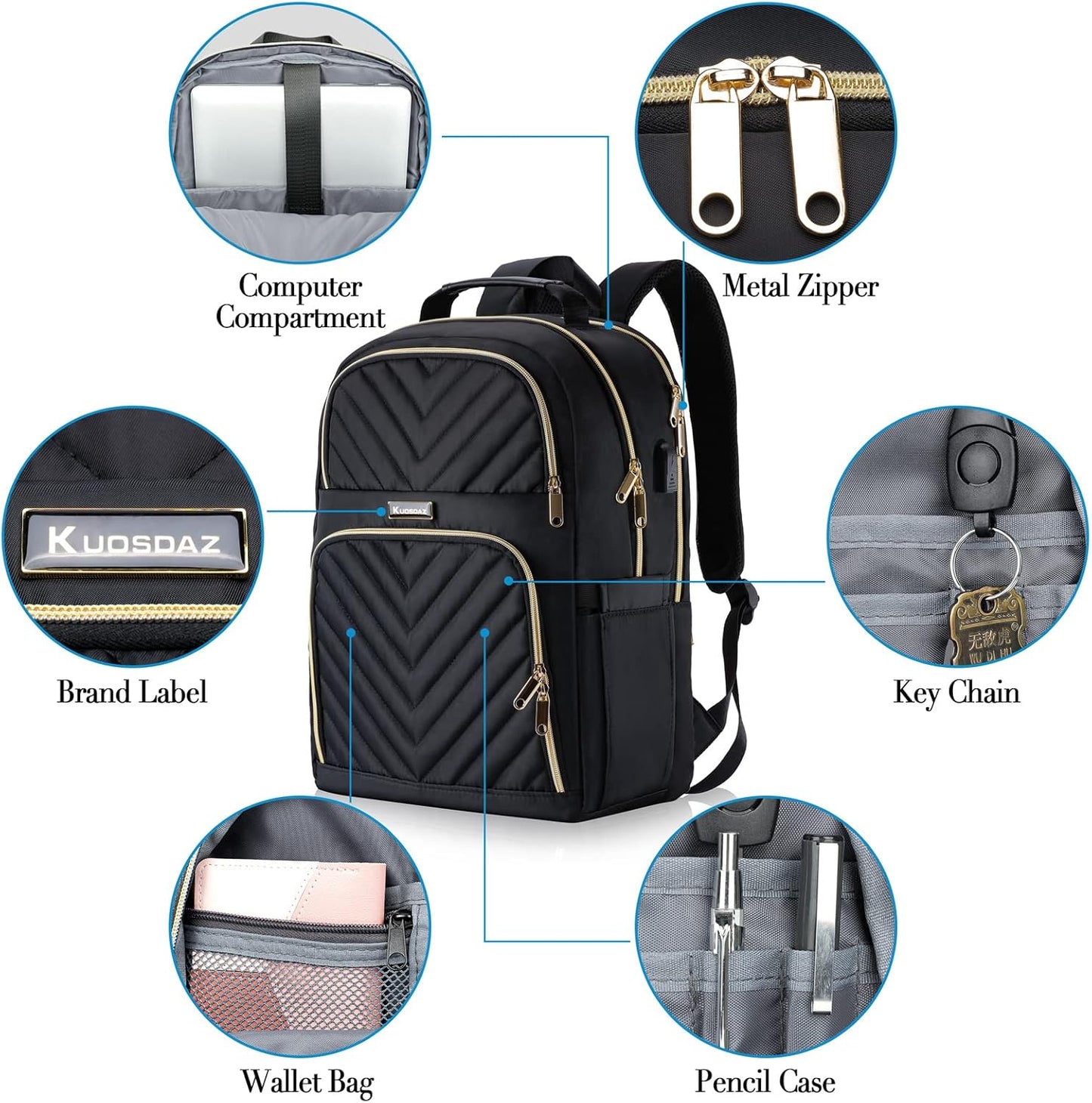 Stylischer Schulrucksack mit USB-Port, 15.6" Schwarz