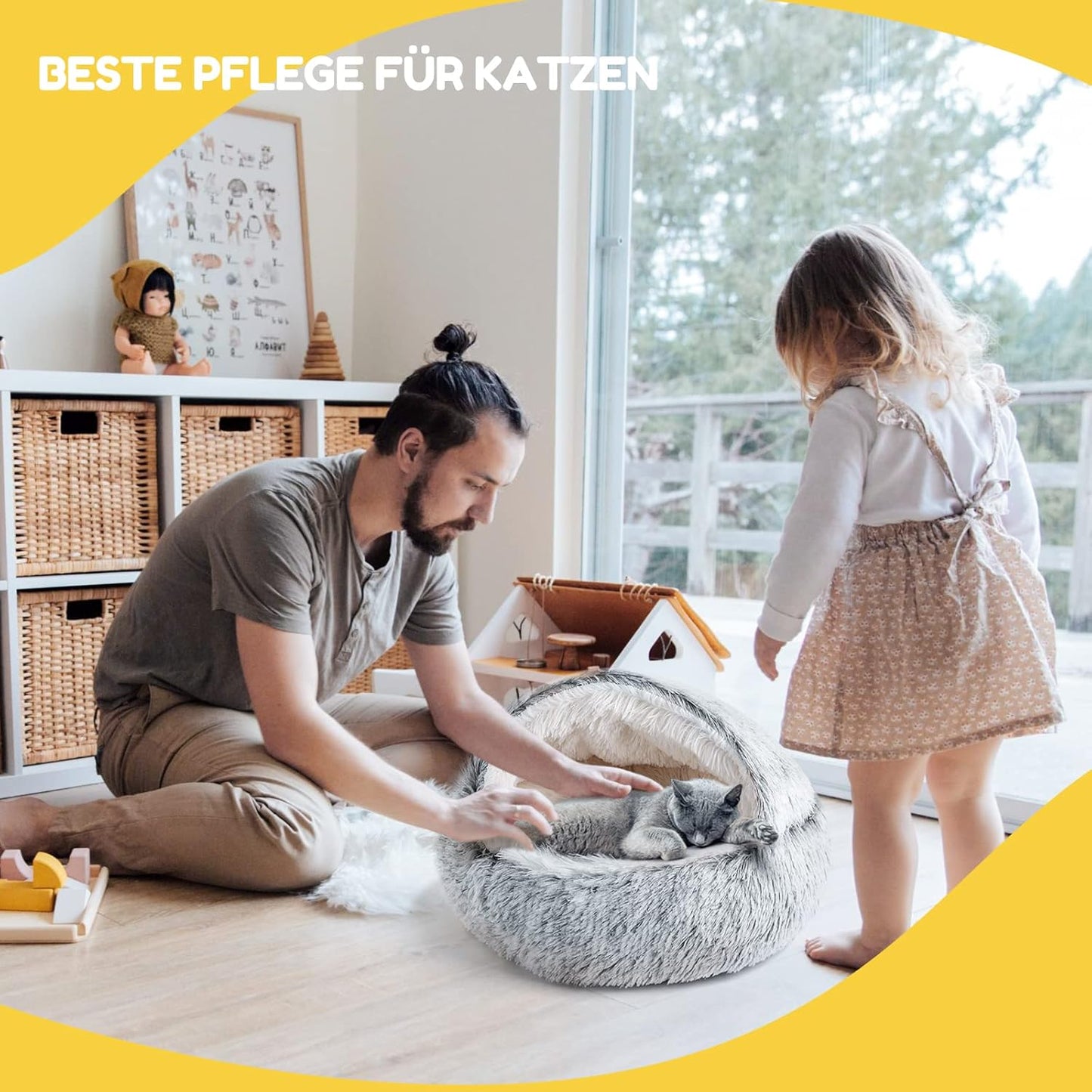 Gemütliches Katzenbett mit Decke, waschbar, Grau-1