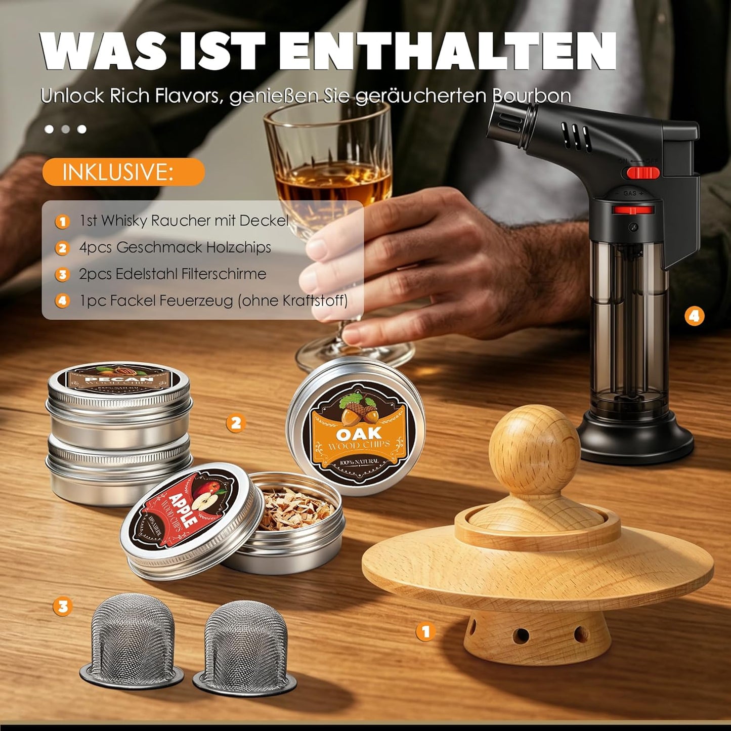 Whisky Räucher-Set mit Brenner und 4 Aromen