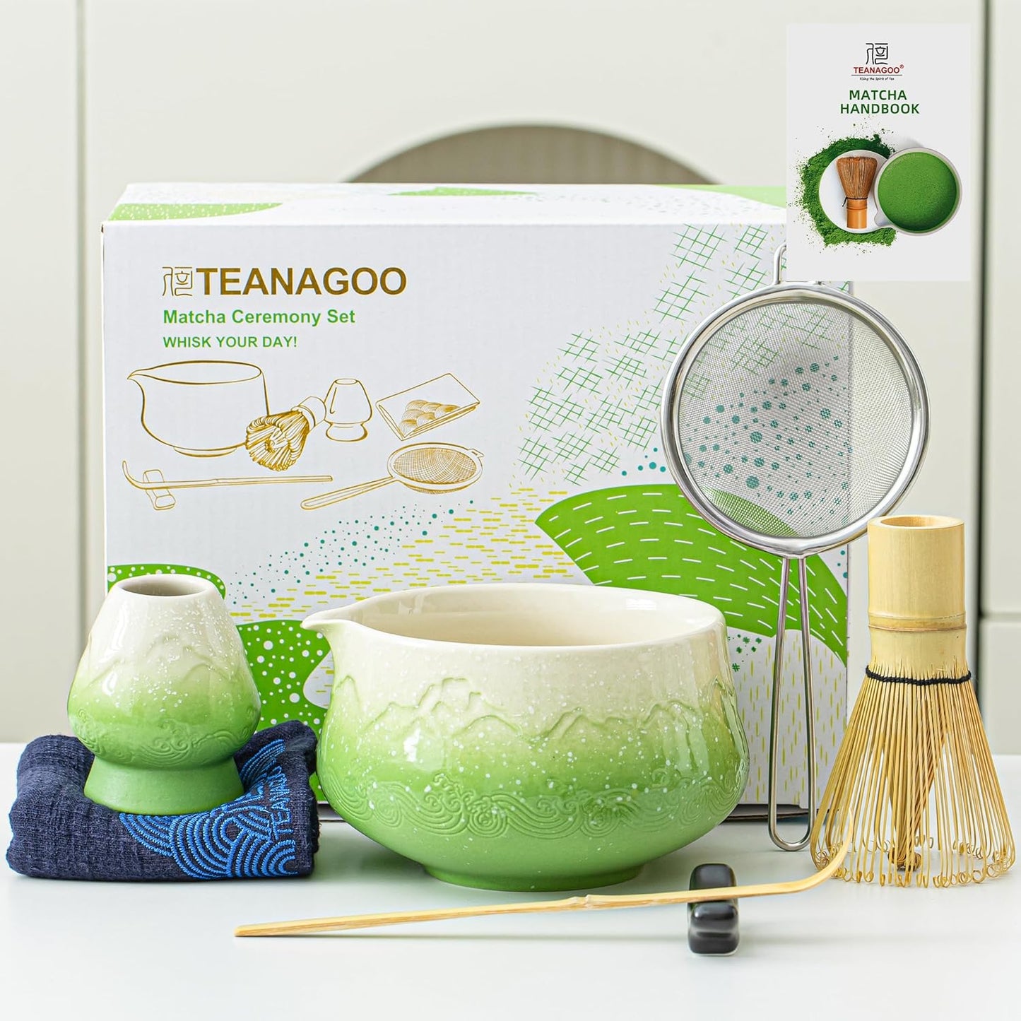7-teiliges Matcha Tee-Set, 7Stück/Set, Schüssel mit Ausgießer Farbverlauf Grün