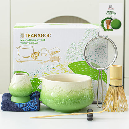 7-teiliges Matcha Tee-Set, 7Stück/Set, Schüssel mit Ausgießer Farbverlauf Grün