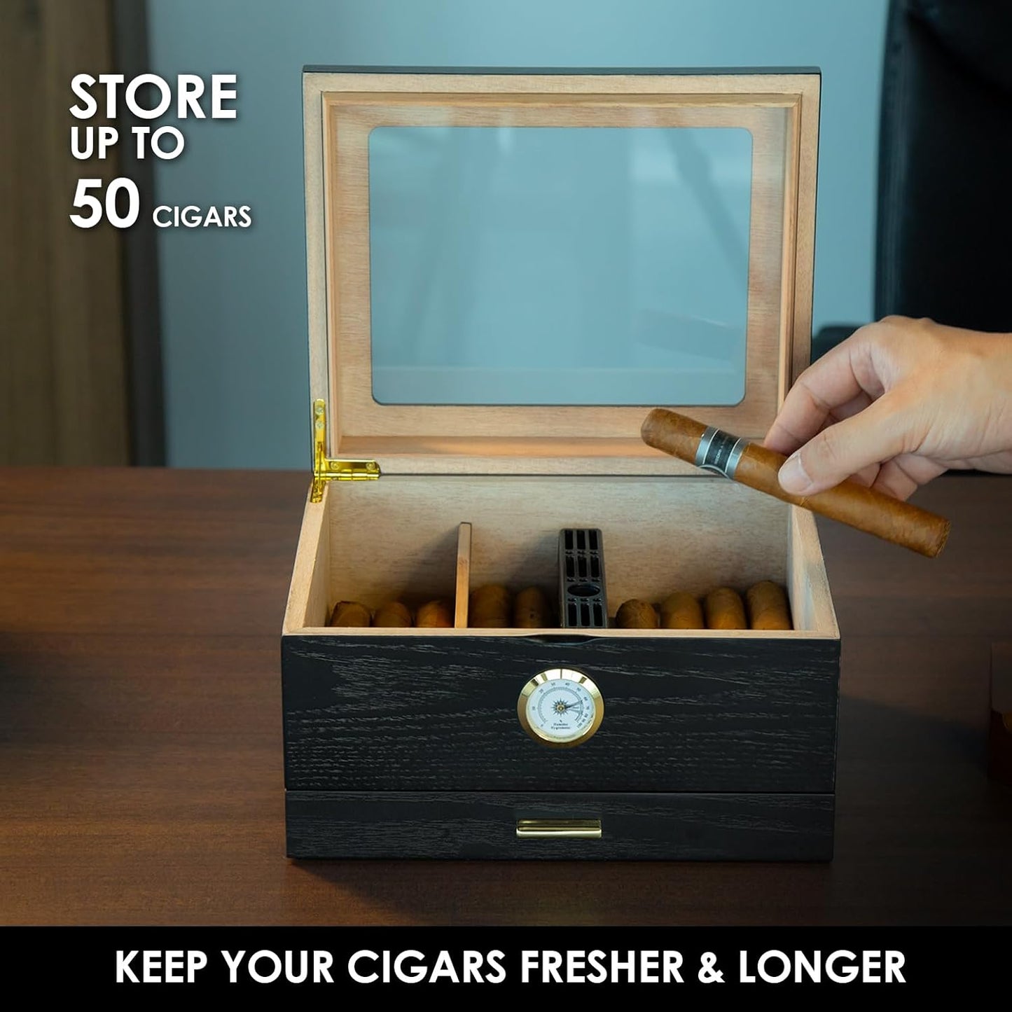 Zigarren-Humidor-Box mit Befeuchter & Hygrometer, Schwarz 10-50