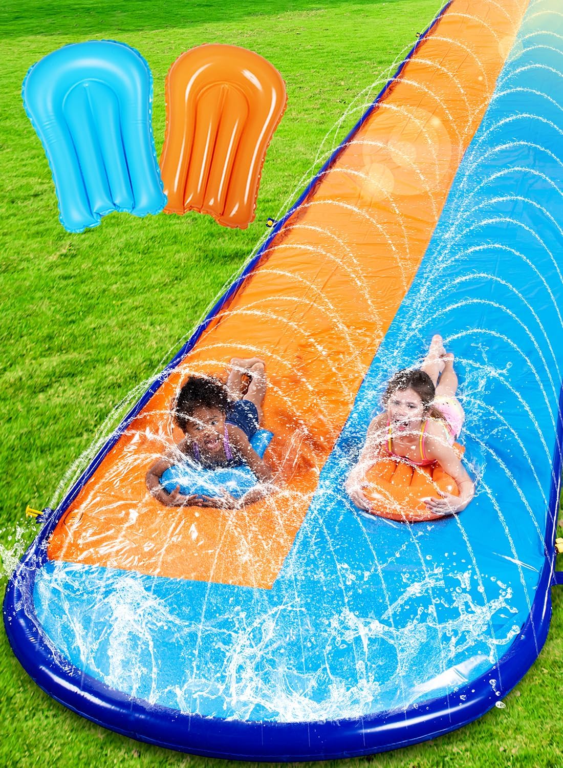 Doppelte Rasen-Wasserrutsche mit Sprinkler und Boards, 685,8cm Doppelspur
