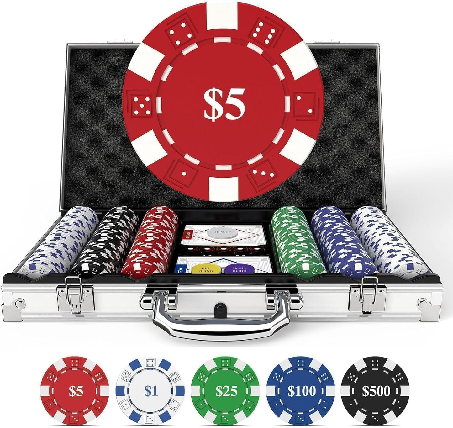 Pokerkoffer für 10 Spieler, 500 Chips mit Zahlen