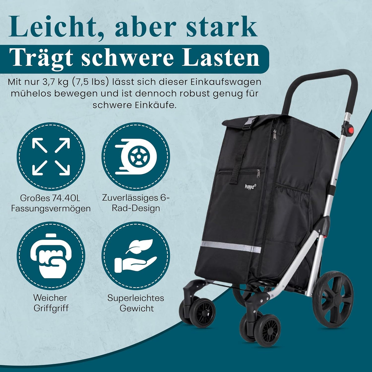 Klappbarer Einkaufstrolley mit 6 Rädern (74L)