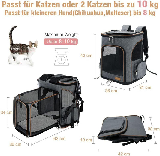 Erweiterbarer Haustier-Rucksack für Katzen & Hunde, Grau (XL) L 36 x B 31 x H 42 cm