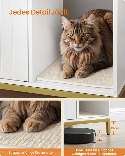Katzenklo-Schrank PCL027W01 mit Kratzmatte und hohen Beinen, 90 x 48 x 61.5 cm Weiss + Goldfarben