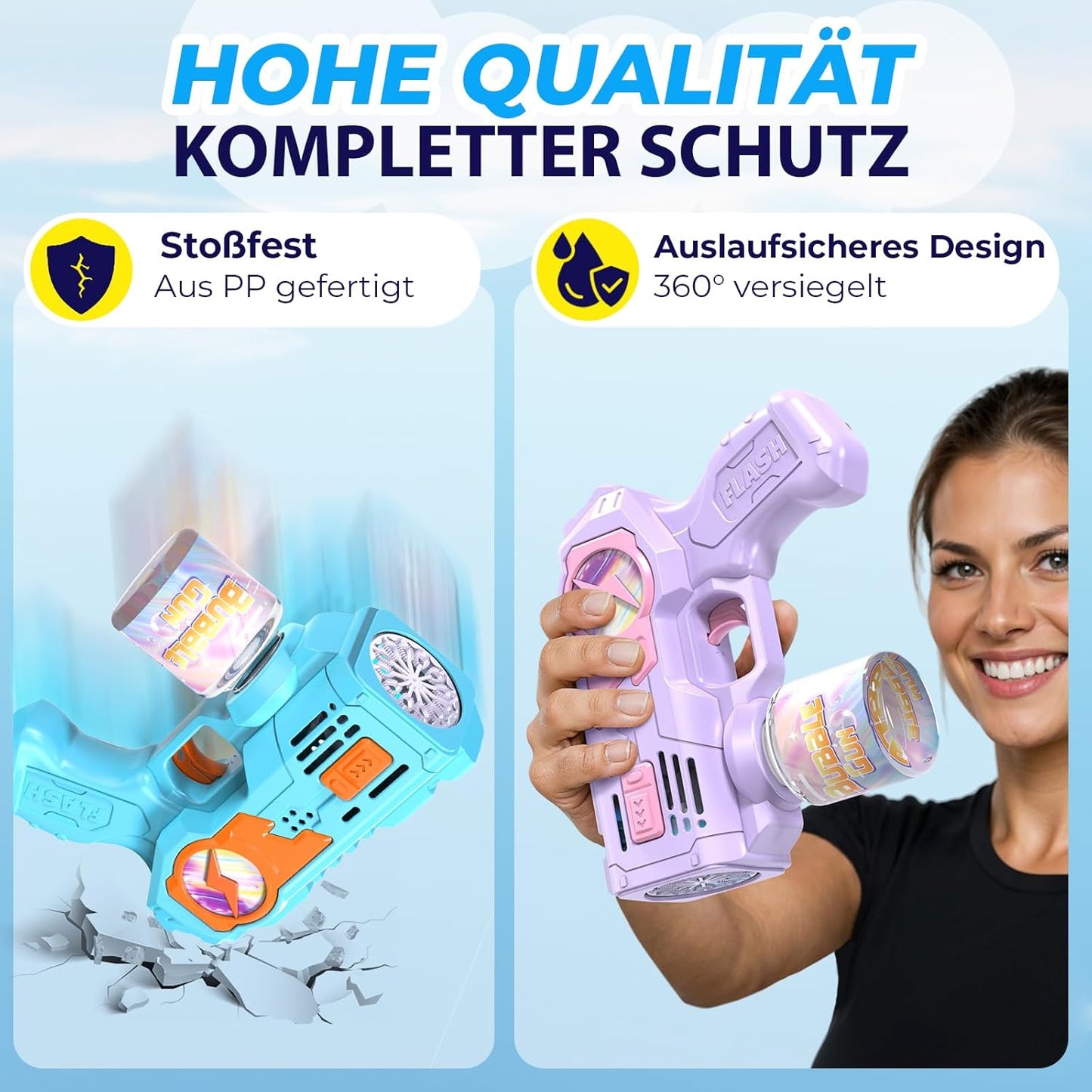 2er Seifenblasenpistolen-Set mit LED und Nachfüllkonzentrat, Blau + Lila