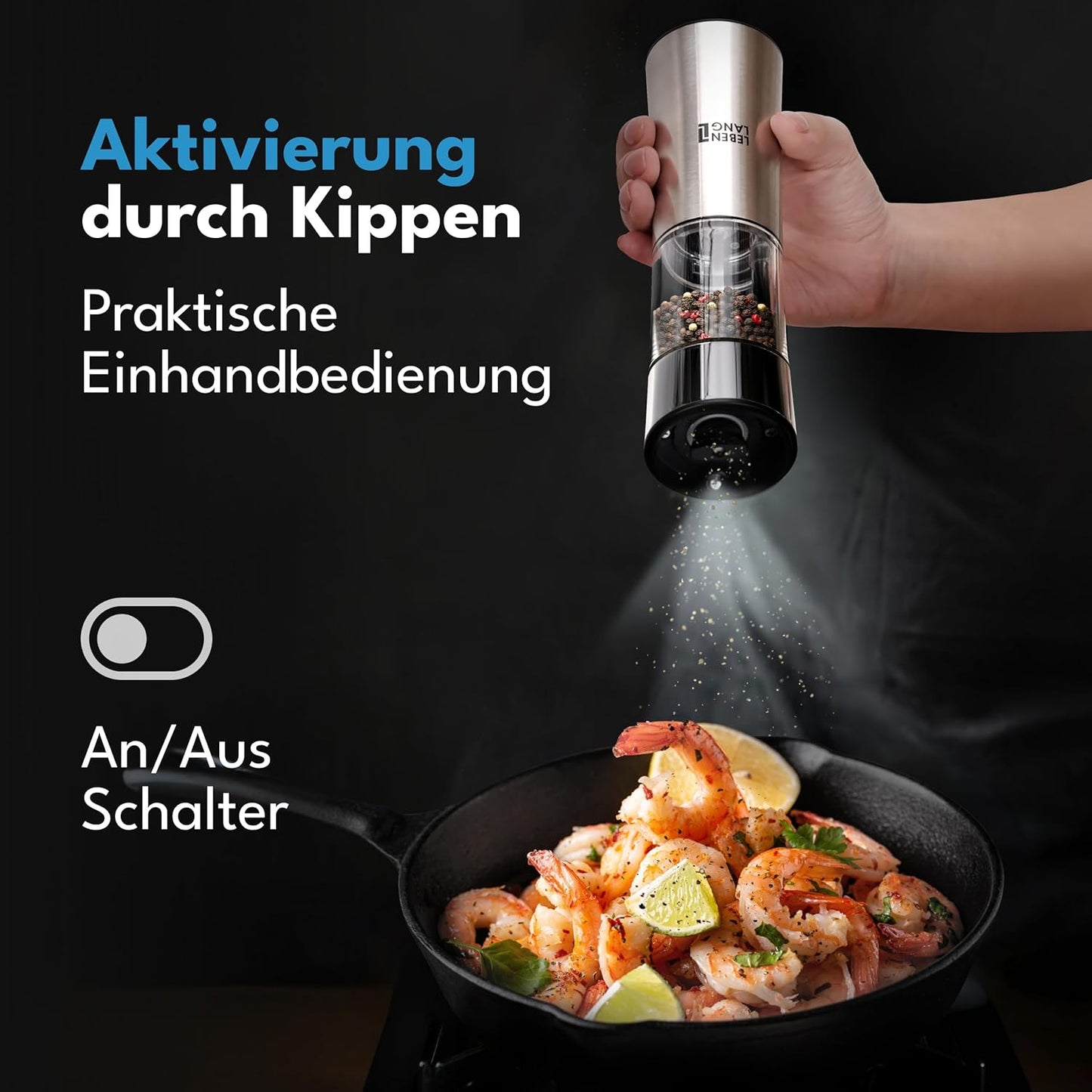 Elektrisches Salz- und Pfeffermühlen-Set mit Kipp-Sensor, Schwarz / Silber - Salz und Pfefferm&#xFC;hle Elektrisch Set