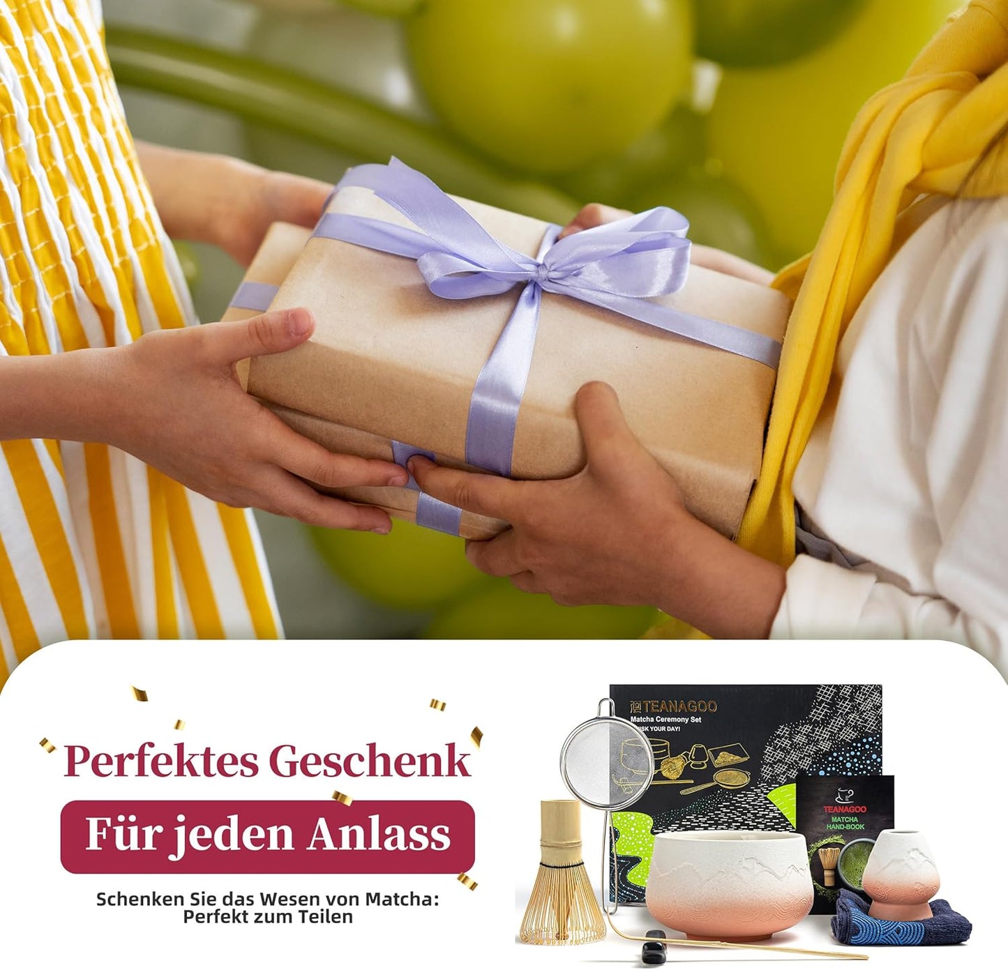 Matcha Tee Set - Komplettset (7-teilig), Berge und Meere schnitzen, Farbverlauf Rosa