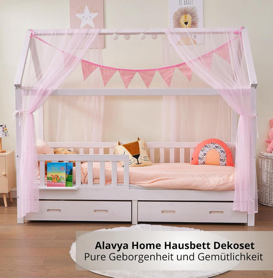 4-teiliges Hausbett Deko Set mit Betthimmel und Wimpelkette