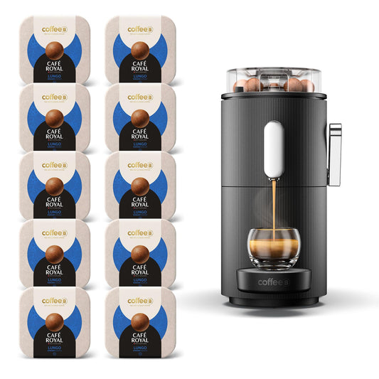 CoffeeB Globe Kaffeemaschine mit kompostierbaren Kaffeebällen, Schwarz +90 Bälle LUNGO