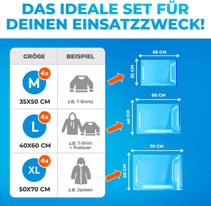 Vakuumbeutel-Set für Reisen (12 Stück) in 3 Grössen, 4x Medium + 4x Large + 4x XL (zum Rollen)