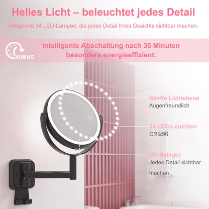 Wandkosmetikspiegel mit Beleuchtung und Vergrösserung, 360° Drehbar