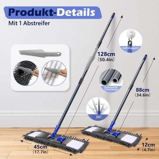 Wischmopp-Set mit 4 Pads und Schaber, Chenille+Mikrofaser Mopp