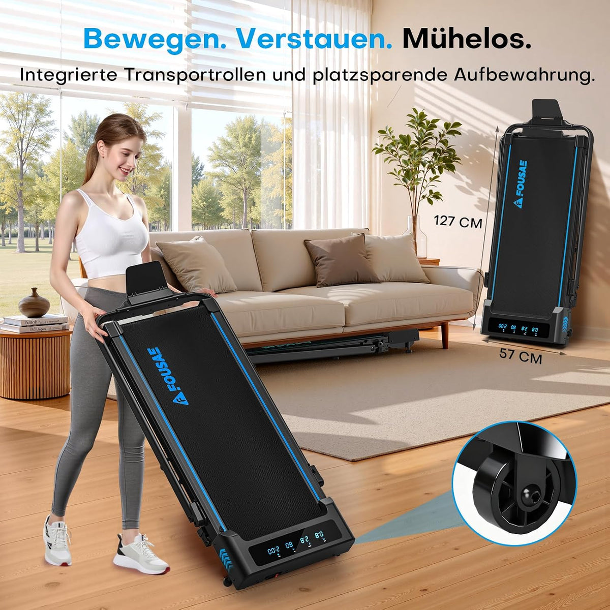 5-in-1 Klappbares Laufband mit Steigung und App-Anbindung, Schwarz-blau