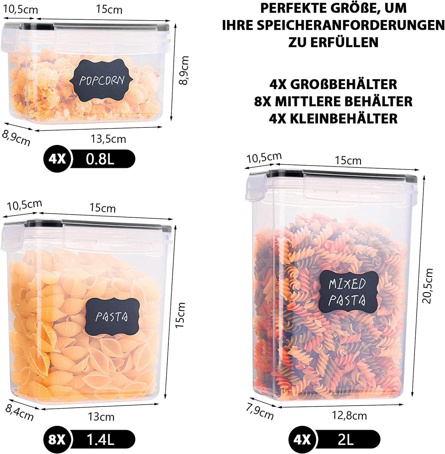 Vorratsdosen-Set mit Deckel, Schwarz, 16 Stk, 3 Grössen