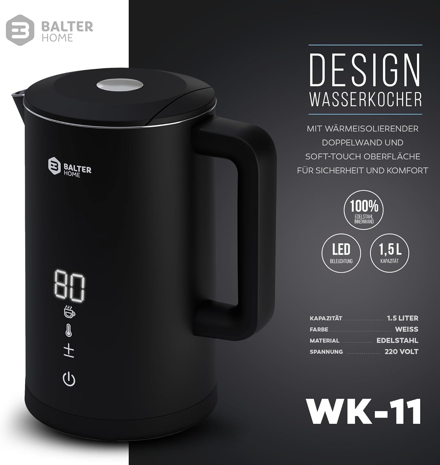 Wasserkocher mit Temperatureinstellung, A. Black, 5 Stufen, Lcd