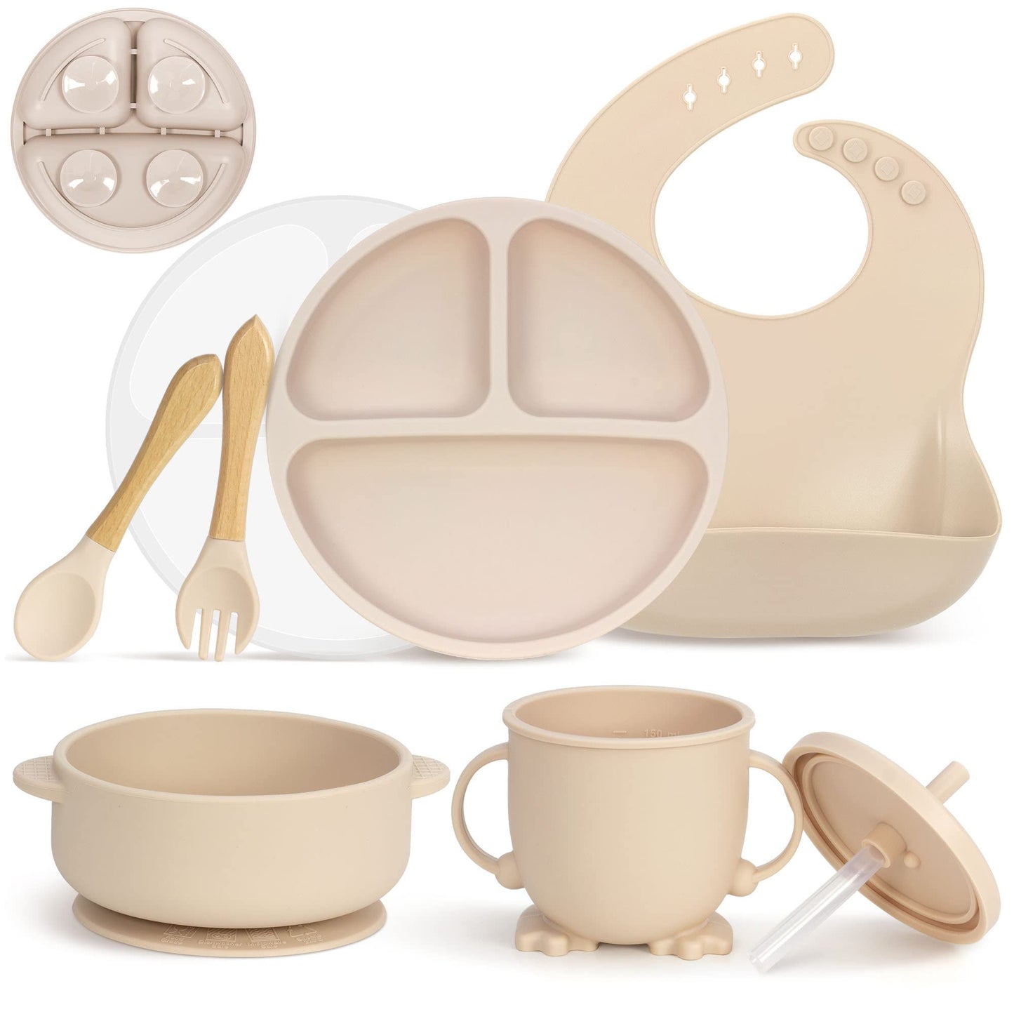 7-teiliges Baby-Geschirrset mit Saugnapf, Beige