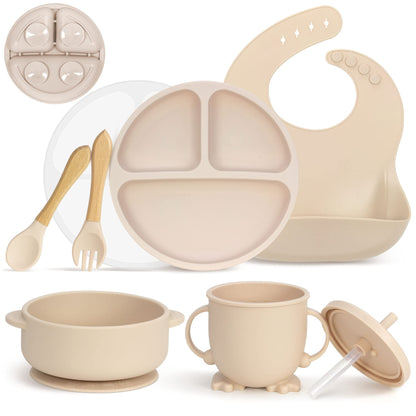 7-teiliges Baby-Geschirrset mit Saugnapf, Beige