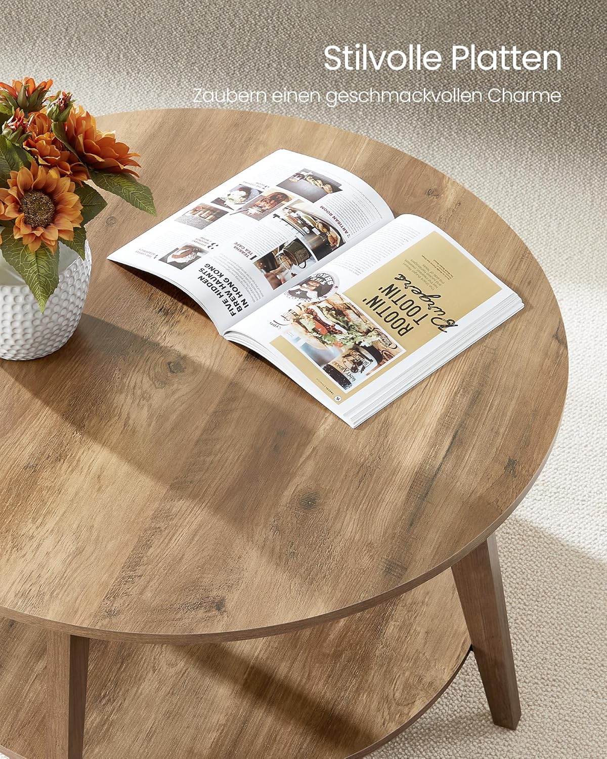 Runder Couchtisch mit 2 Ebenen, 80 cm Durchmesser, Honigbraun