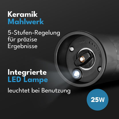 Elektrisches Salz- und Pfeffermühlen-Set mit Kipp-Sensor, Schwarz / Silber - Salz und Pfefferm&#xFC;hle Elektrisch Set