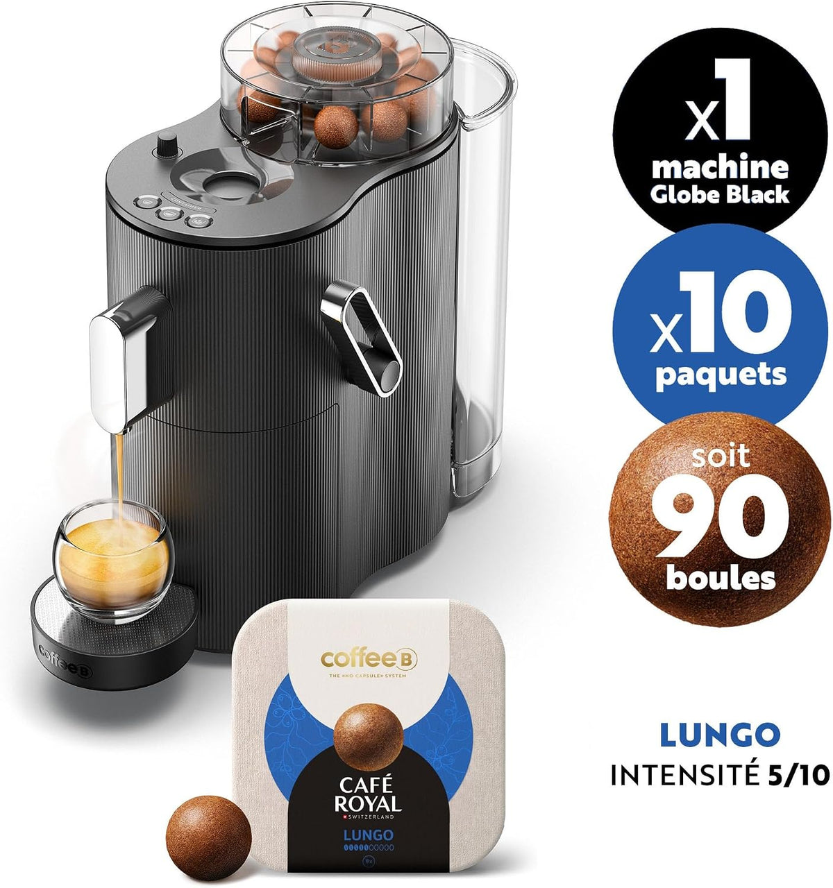 CoffeeB Globe Kaffeemaschine mit kompostierbaren Kaffeebällen, Schwarz +90 Bälle LUNGO