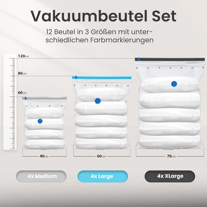 12er-Set Vakuumbeutel für Kleidung, 12 Stück - 3 Grössen