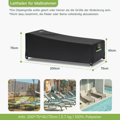 Gartenliege Abdeckung Wasserdicht & Reissfest, Schwarz 200x75x40/70cm 1