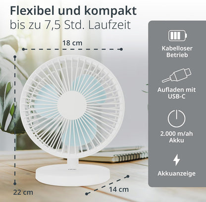USB-Tischventilator mit Akku und 3 Stufen, Weiss