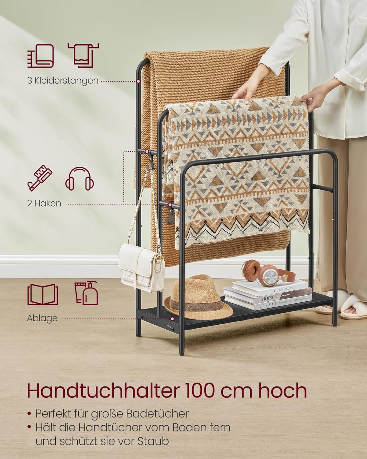 Handtuchhalter mit Ablage, Tintenschwarz + Ebenholzschwarz