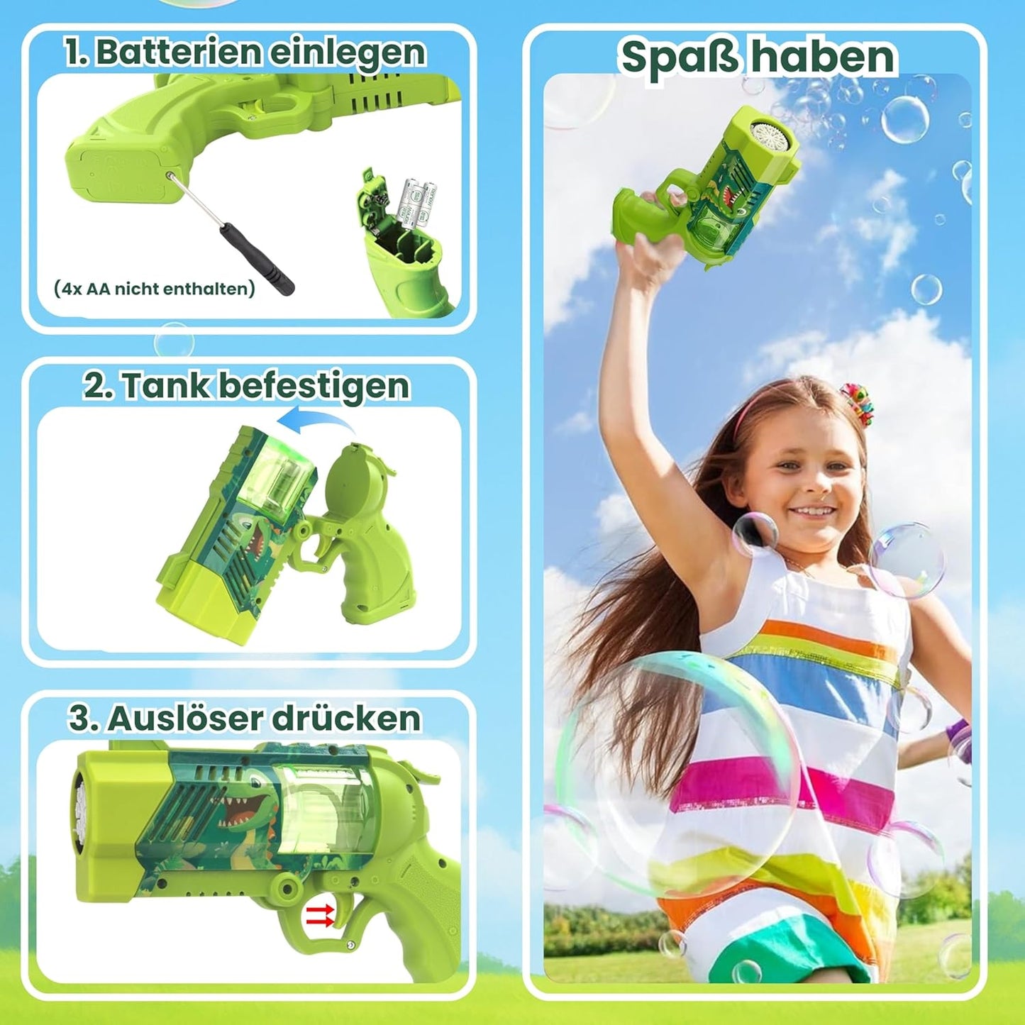 Seifenblasenpistole mit LED und Seifenflüssigkeit, grün