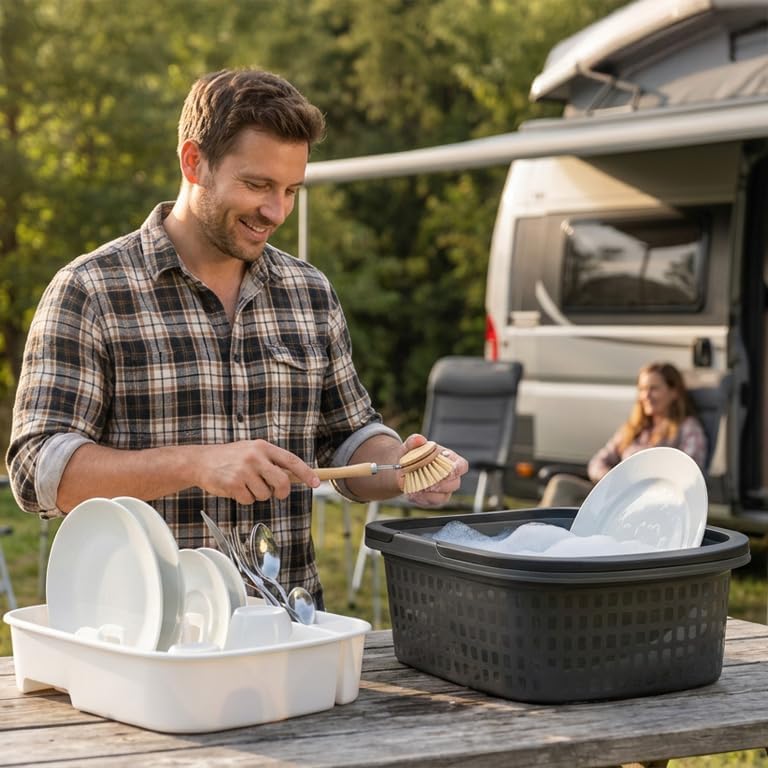Camping-Spülschüssel mit Abtropfgestell, Anthrazit Schwarz Weiss Wanne 16L + Abtropfgestell