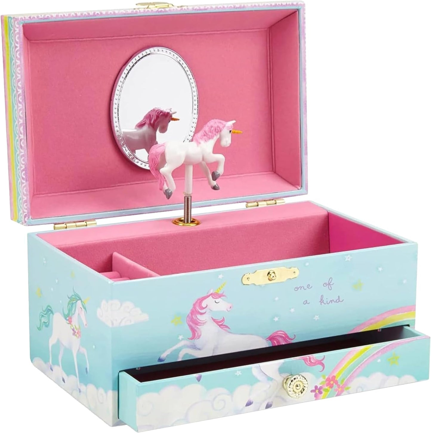 Einhorn-Spieluhr & Schmuckkästchen für Mädchen, Einhorn Blau mit Regenbogen