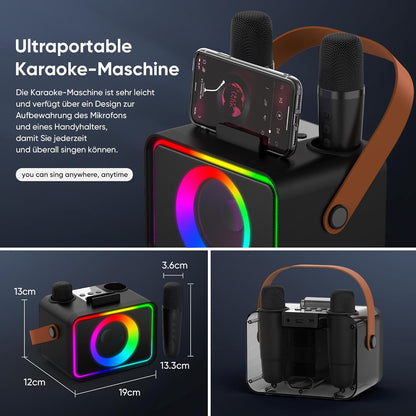 Tragbare Karaoke Maschine mit 2 Mikrofonen, Mattschwarz-2 Mikrofone