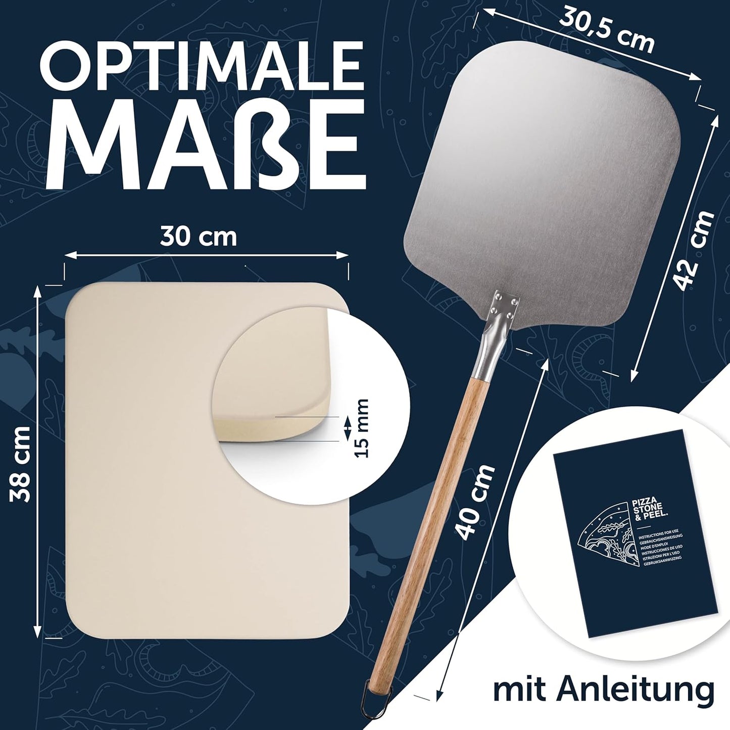3-in1 Pizzastein Set für Ofen & Grill bis 900°C, 1) Pizzastein mit Schaufel