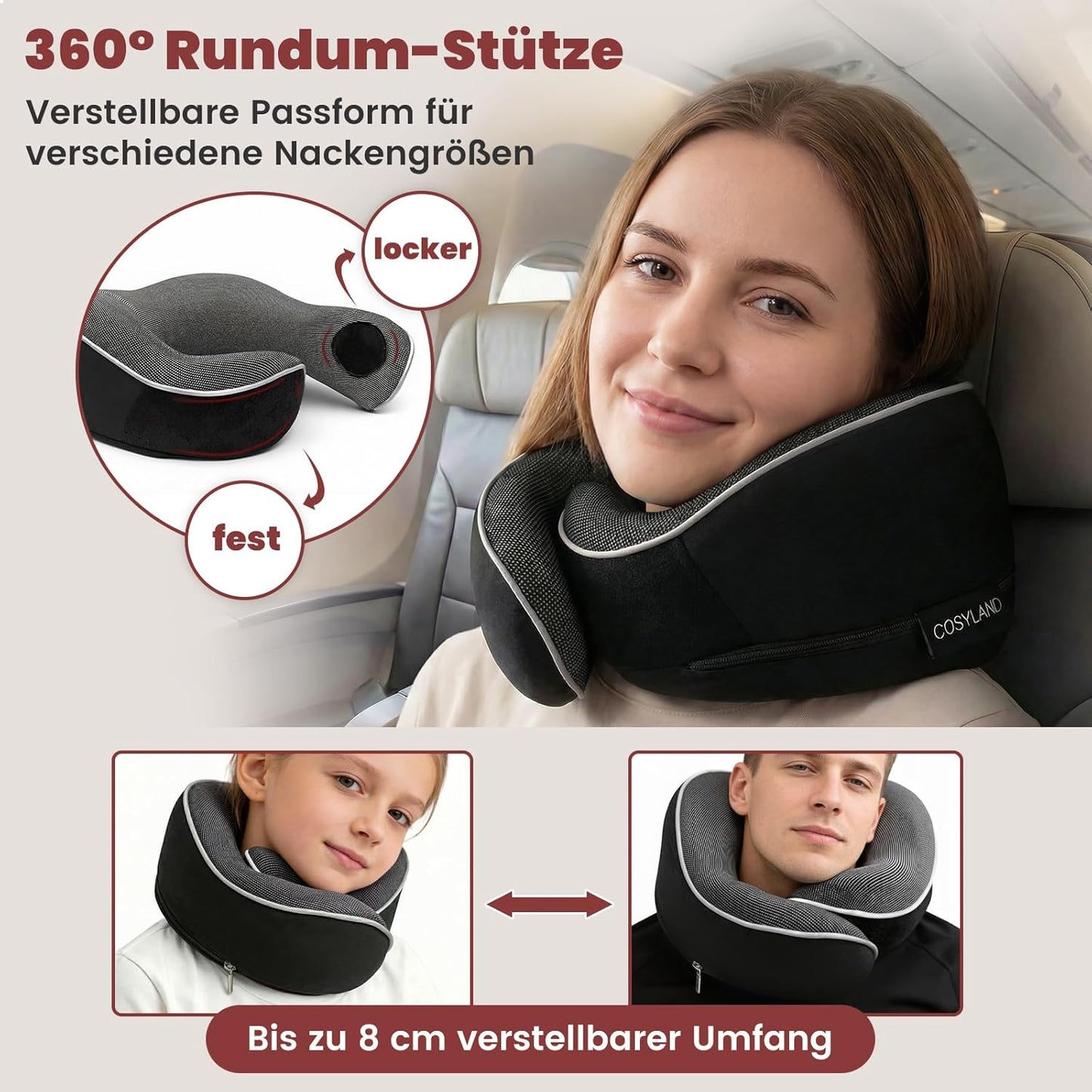 Reisekissen 360° Nackenhörnchen Memory Foam, Schwarz