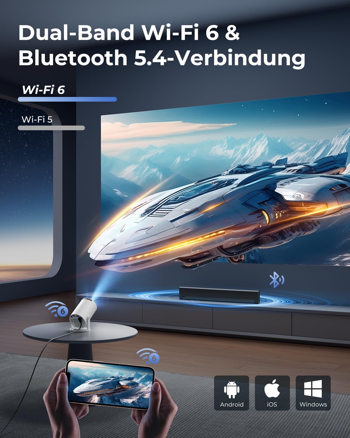 Mini Beamer mit WiFi 6 und Android 14, Weiss 15L x 11B x 18H cm