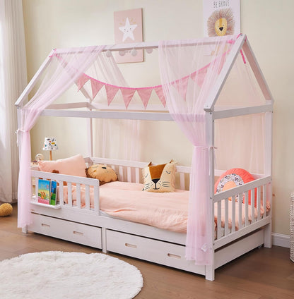 4-teiliges Hausbett Deko Set mit Betthimmel und Wimpelkette