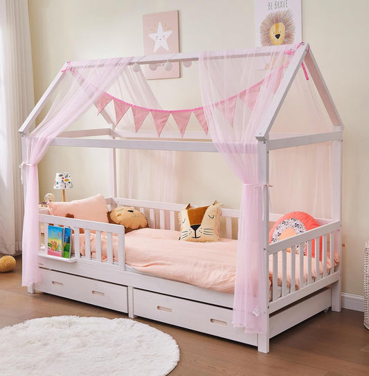 4-teiliges Hausbett Deko Set mit Betthimmel und Wimpelkette
