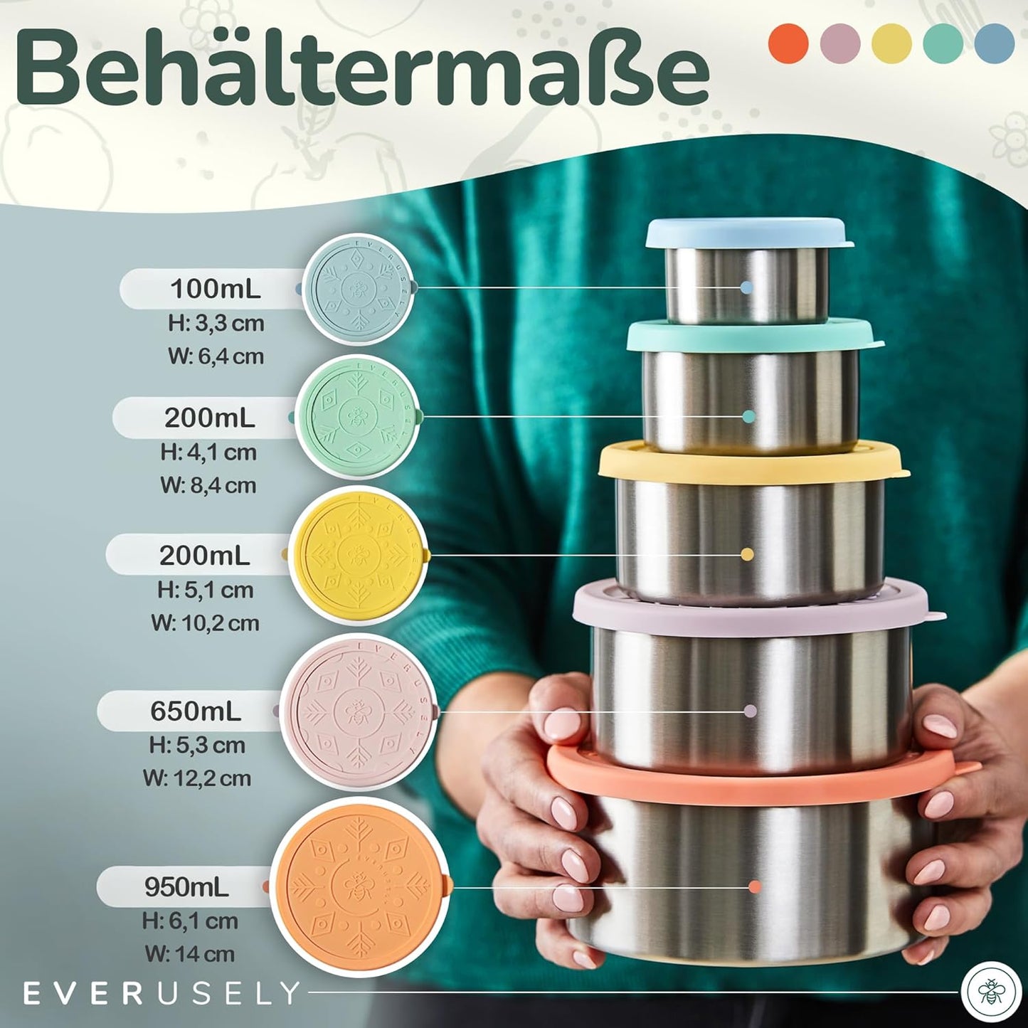 5er-Set Snackboxen mit Deckel, Regenbogen