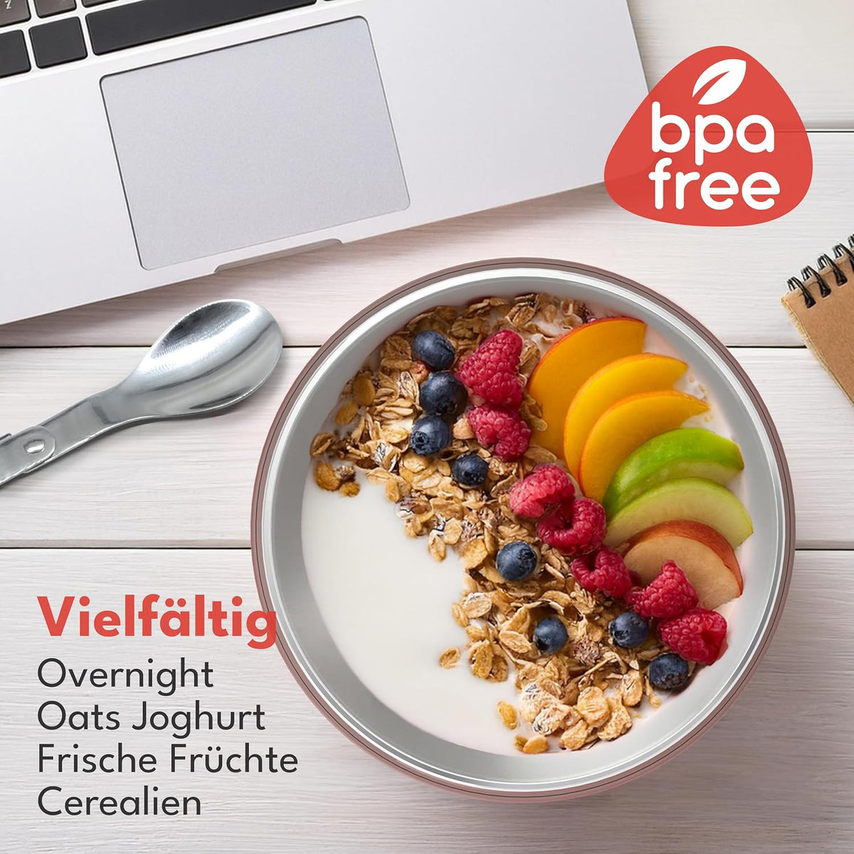 Müslibecher To Go mit Löffel, Rosa 500ml + 150ml