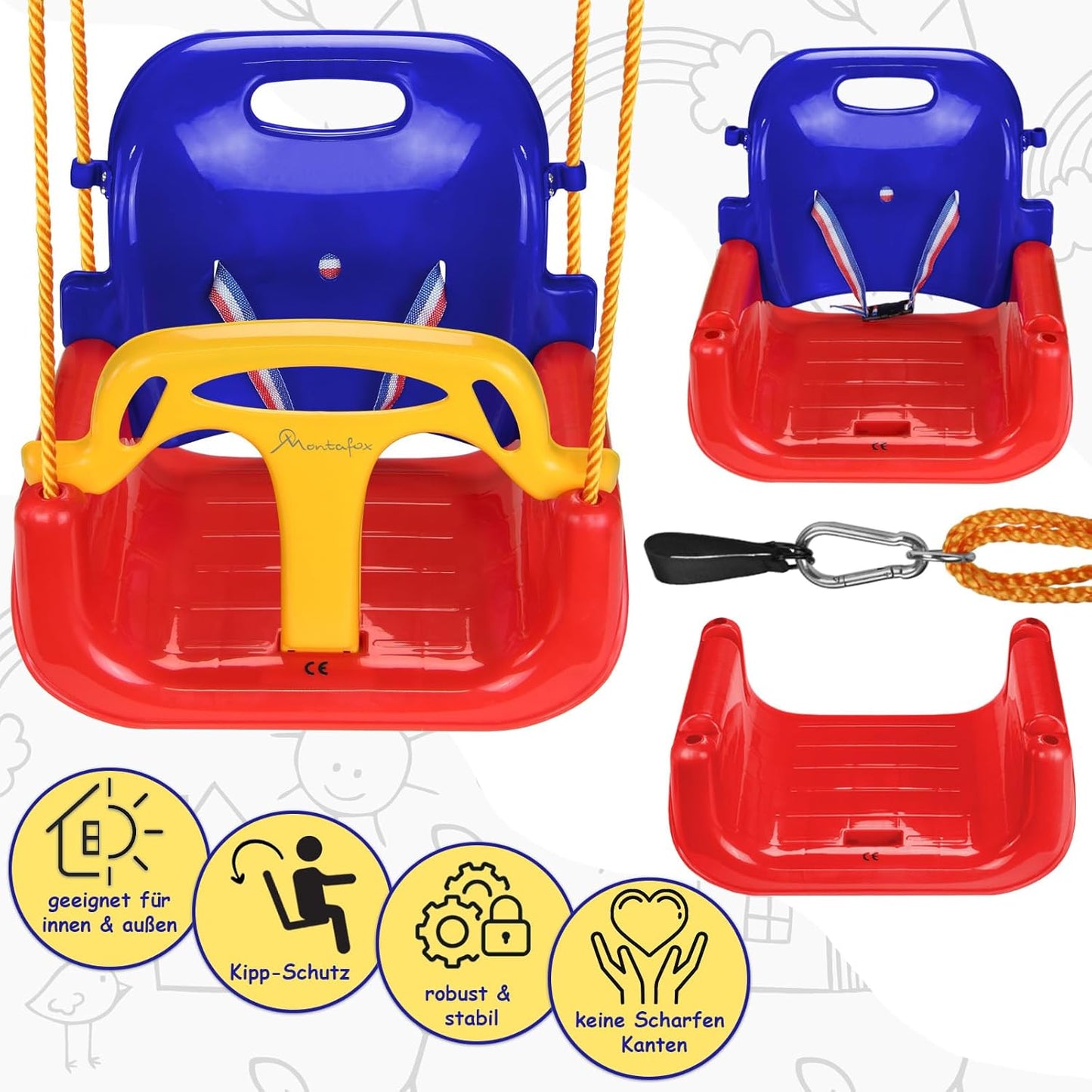Kinderschaukel mit Rückenlehne und Gurt, Bunt