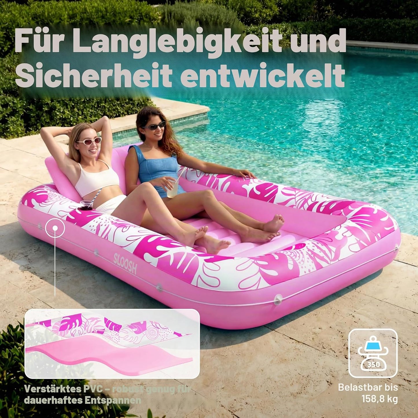 Aufblasbarer 4-in-1 Sonnenliegepool mit Kissen und Getränkehalter, Rosa XL