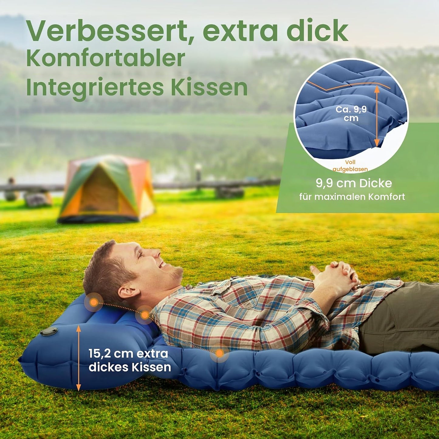 Selbstaufblasbare Isomatte mit Kissen und Fusspumpe, Blau 196 x 68 x 8 cm