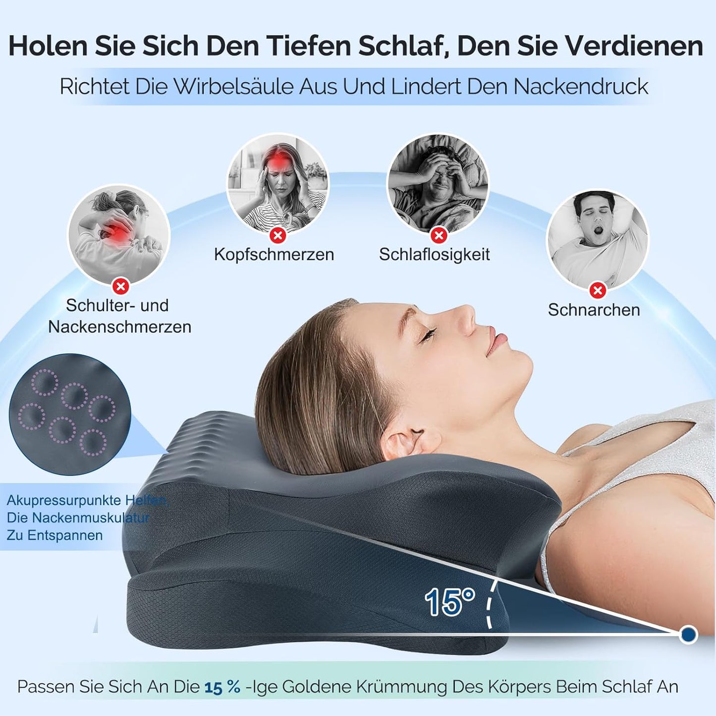 Ergonomisches Nackenstützkissen für Seiten-, Rücken- und Bauchschläfer, Dunkelgrau 64 x 39 x 13 cm
