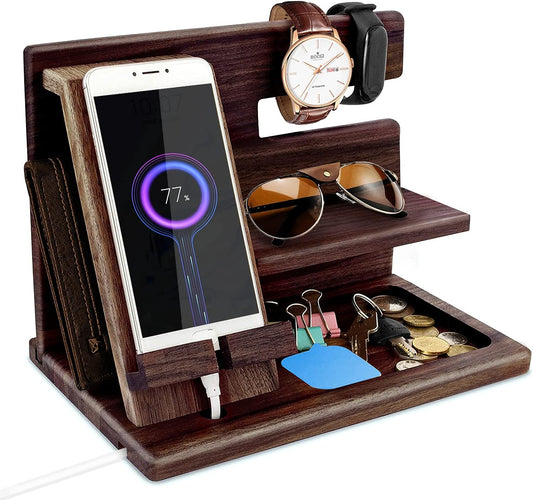 Telefon-Dockingstation & Nachttisch-Organizer aus Holz, Braun