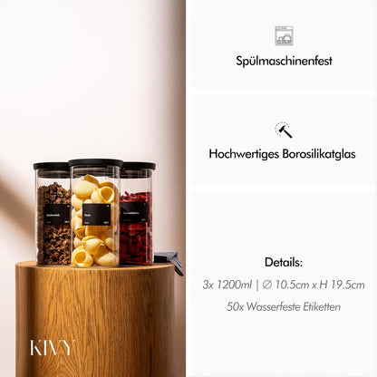 3er Set luftdichte Vorratsgläser, 3x 1200ml