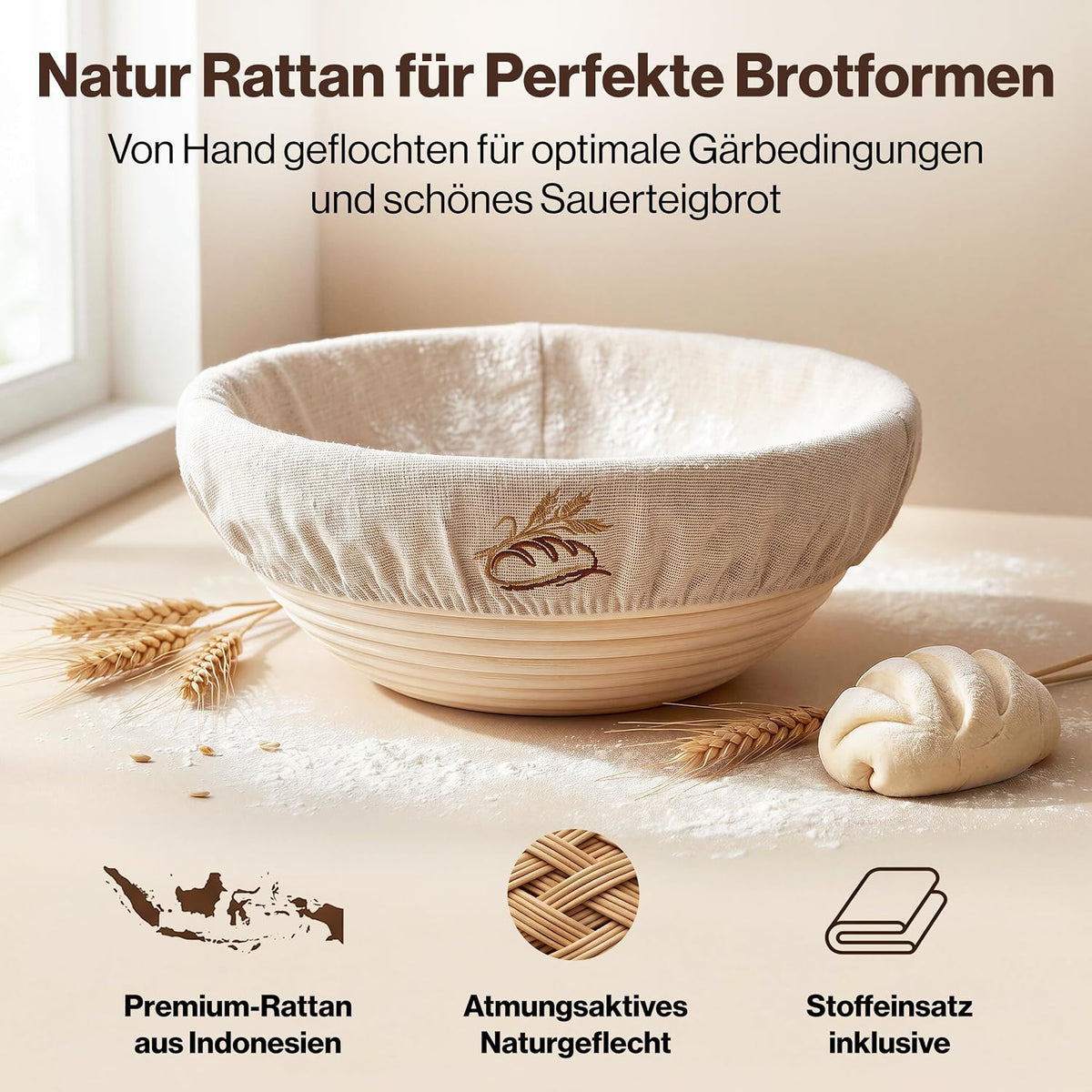 7-teiliges Sauerteig-Starter-Set mit Gärkörbchen, Gärkörbchen Set Rund