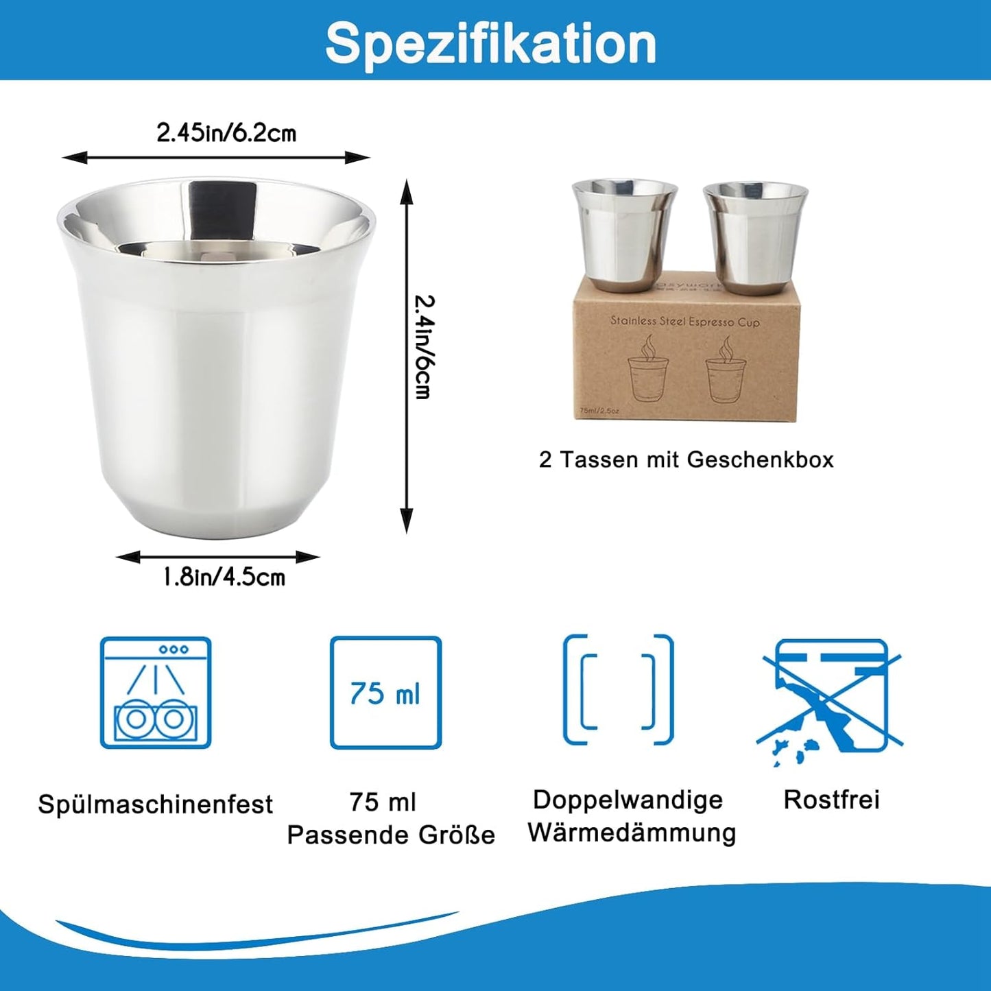 2er-Set Doppelwandige Espressotassen, 75 ml Chrom